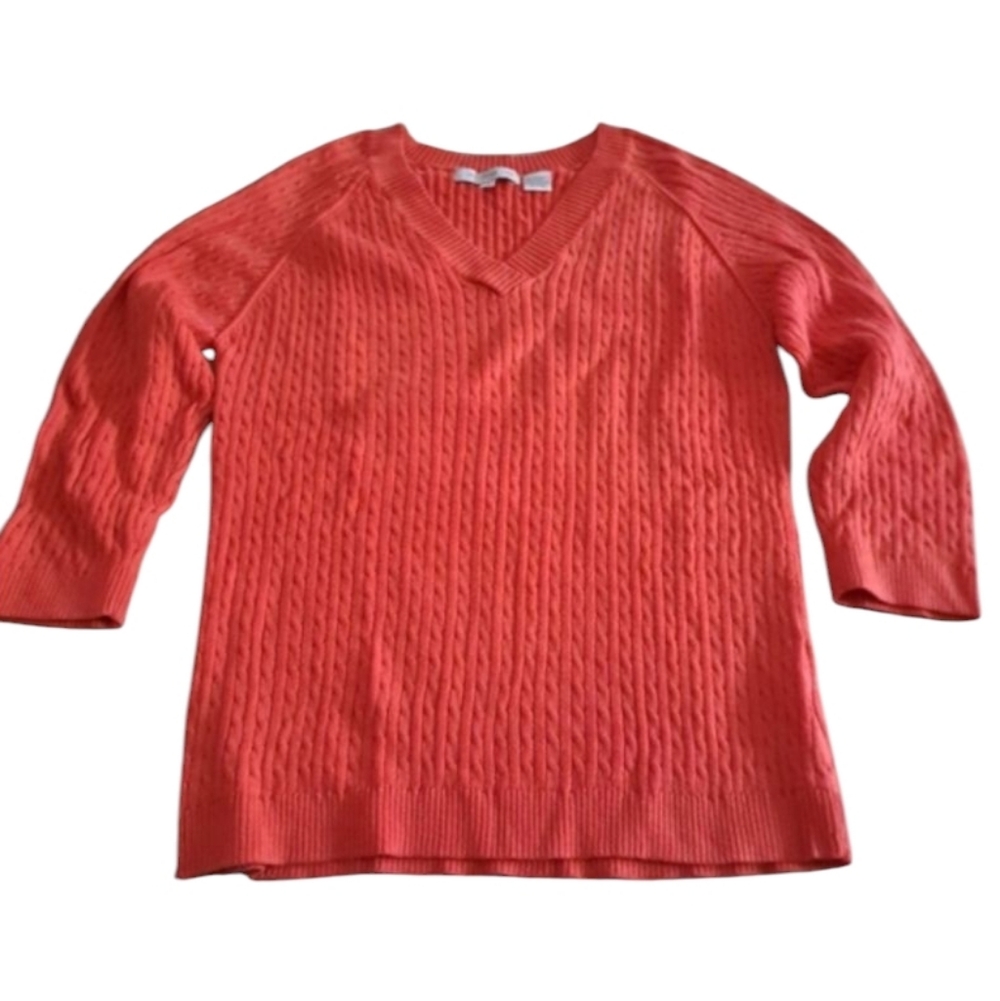 Pria Cotton Nylon Stylish V-neck Sweater Orange 3/4 Sleeves Women's Size Medium